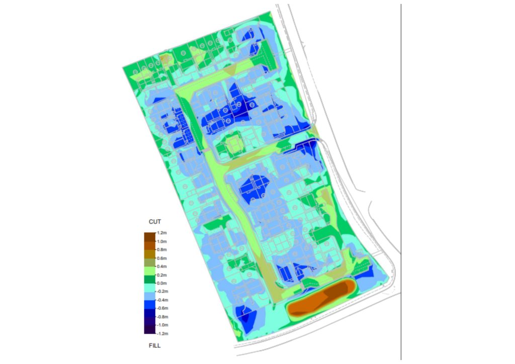 Earthworks cut and fill analysis plan showing site grading levels volume calculations and topographical survey data for construction and development planning
