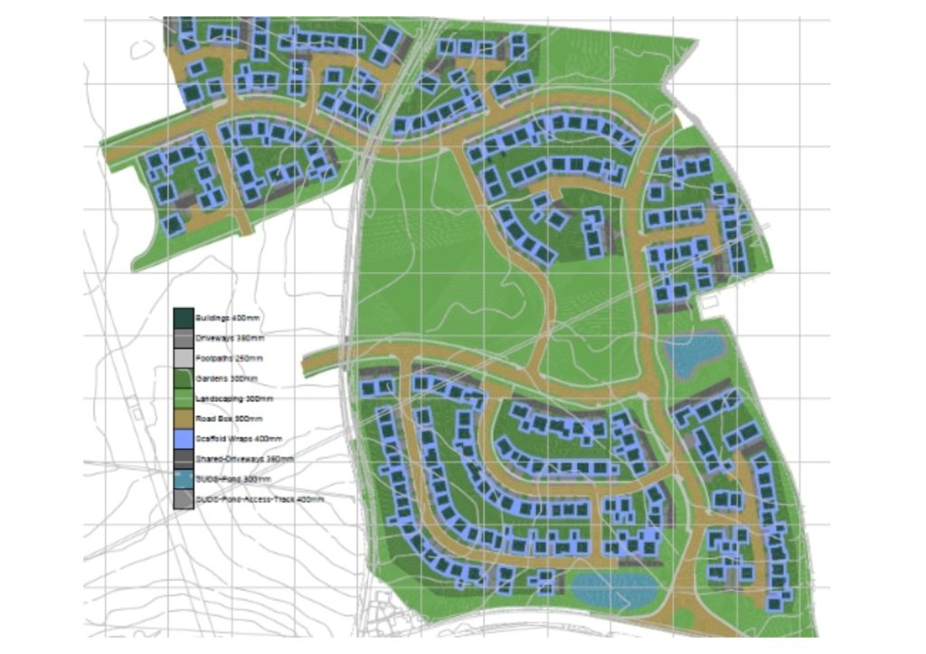 Residential site layout plan showing housing development masterplan roads landscaping and topographical survey base for planning and urban design